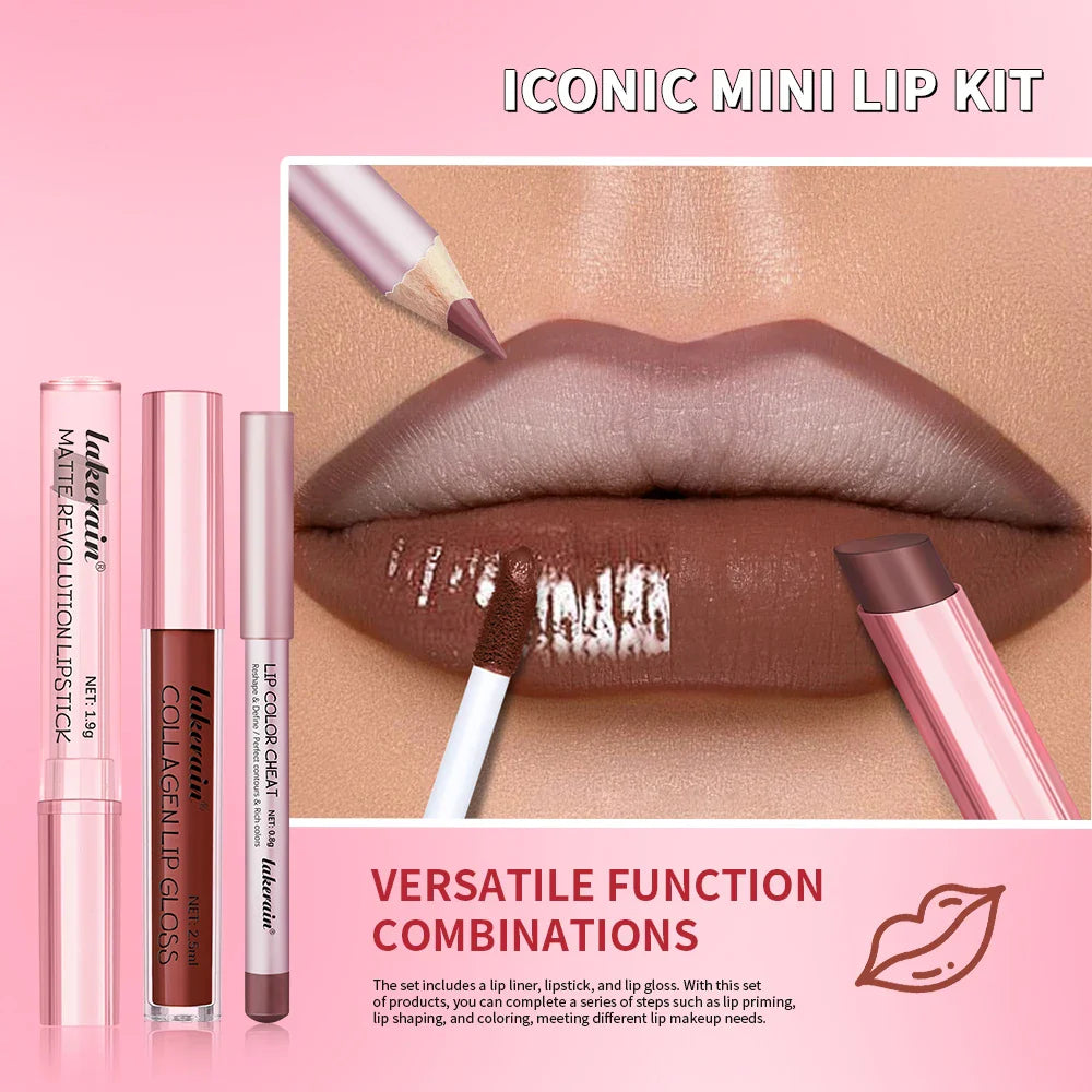 Lakerain Mini Lip Kit – Liner, Lipstick & Gloss Travel Set