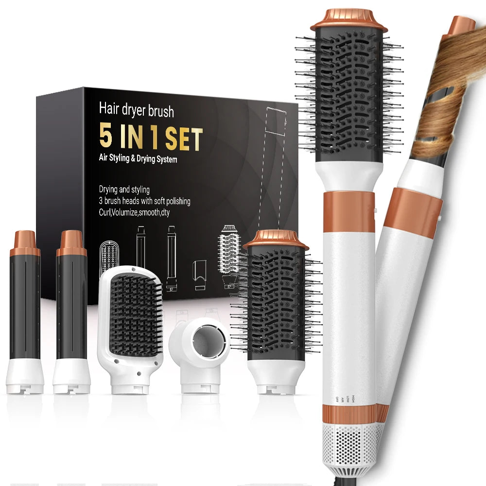 Hair dryer brush detachable 5-in-1 styling and drying system, fast drying, curl smoothing and styling, automatic curling iron Peaceful Pleasures Health and Wellness WHITE UK Plug