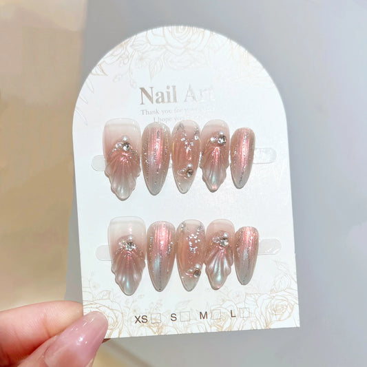 Aurora Colorful Mermaid Press on Nails Dreamy Fairy Sweet Bride Handmade Wearable Fake Nails INS 3d Pearl Almond False Nail Tips Peaceful Pleasures Health and Wellness M
