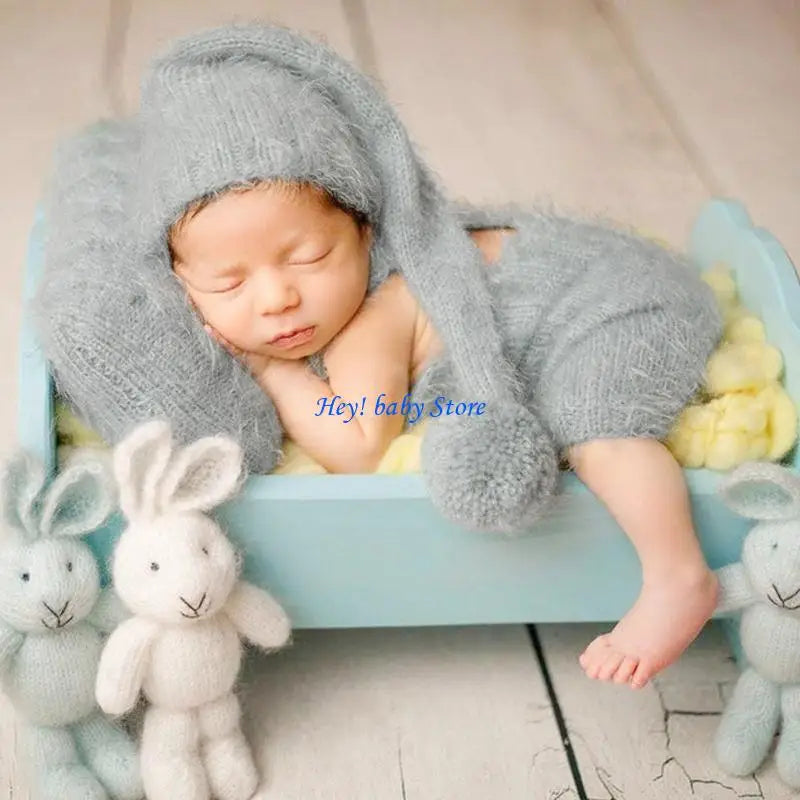 Newborn Photo Props Knit Turban Hat & Suspender Romper Set