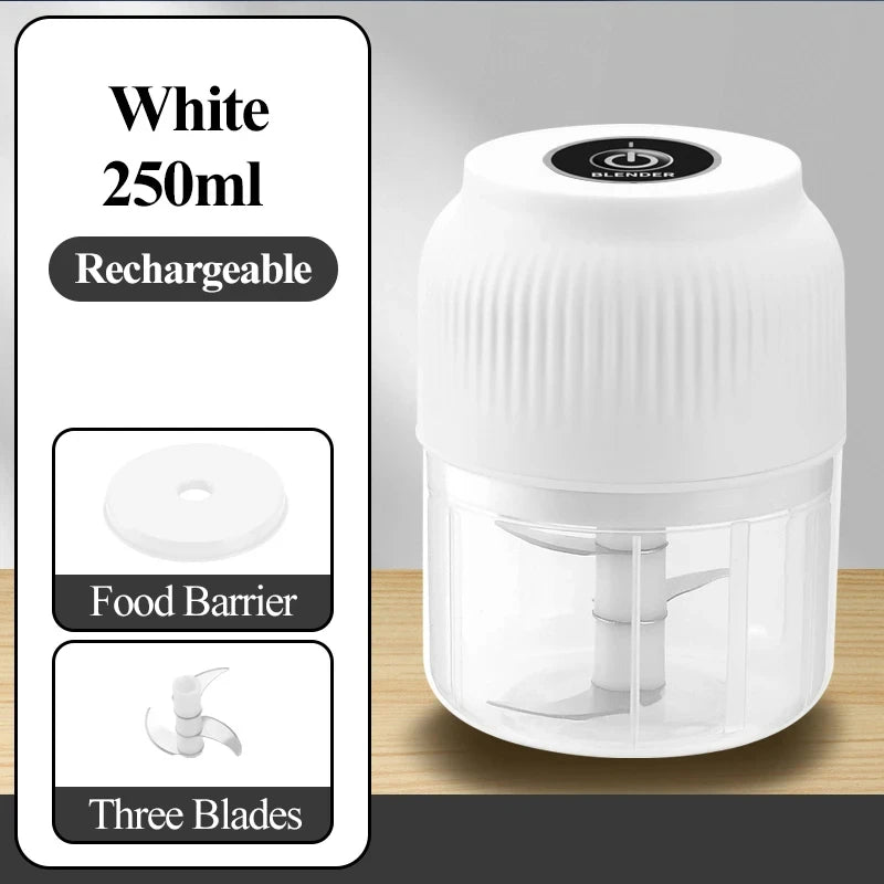 250ml Mini Wireless USB Rechargeable Electric Vegetable Chopper Garlic Crusher Food Chopper for Kitchen Gadgets for Garlic Peaceful Pleasures Health and Wellness White