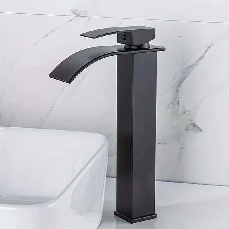 Matte Black Tall Waterfall Vessel Sink Faucet | Single Handle