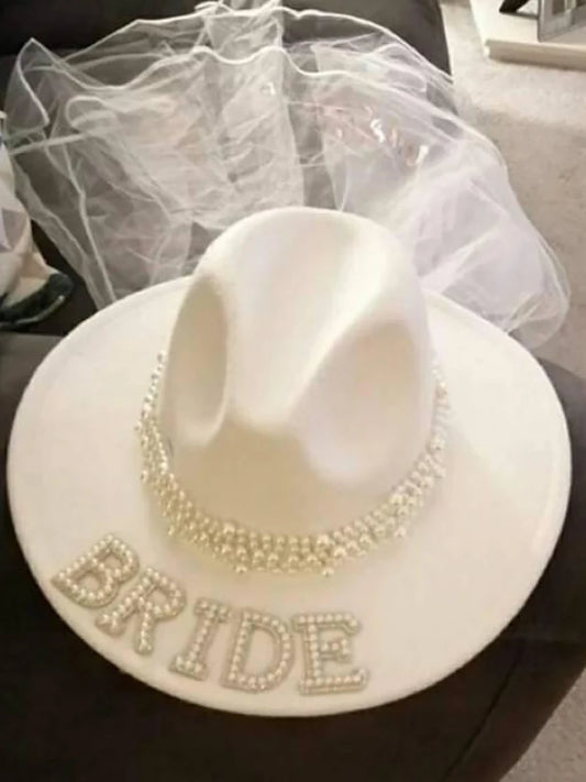 Bride Pearl Cowboy Veil Hat | Bachelorette Cowgirl Party Bridal Party Hat Peaceful Pleasures Health and Wellness
