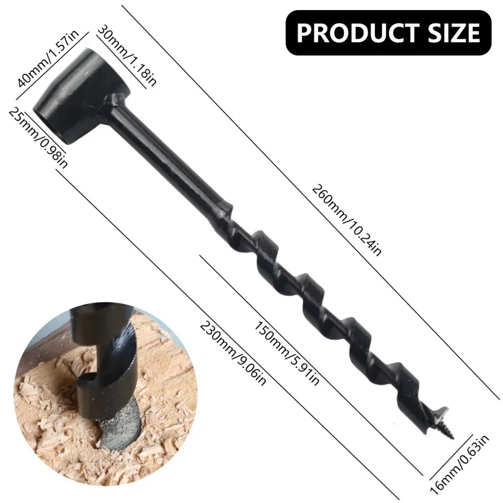 Manual Auger Drill | Carbon Steel Bushcraft Wood Punch Tool Peaceful Pleasures Health and Wellness 16 x 230mm