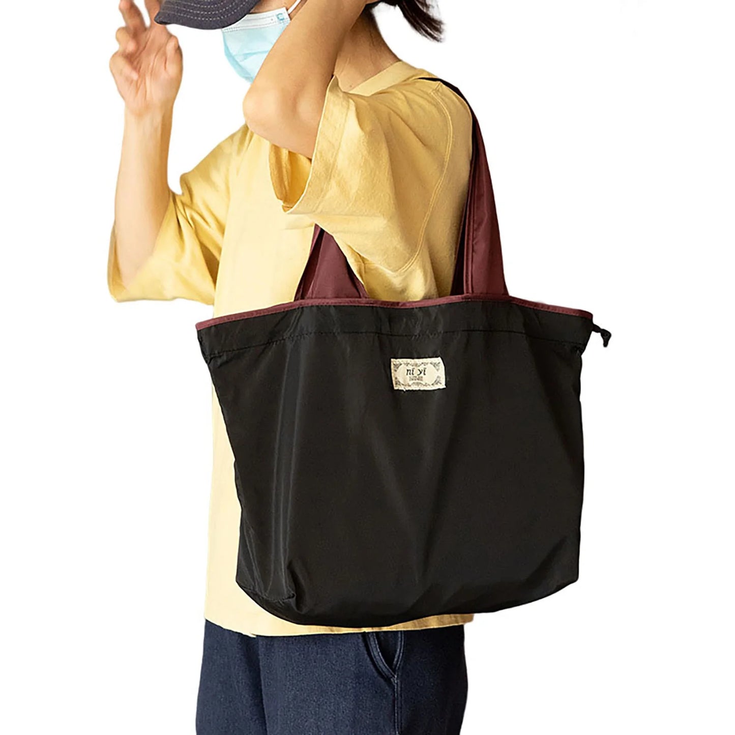 Portable Reusable Grocery Bags Eco-friendly Bags with Drawstring Closure for Trip or Shopping Fruit Holder Peaceful Pleasures Health and Wellness M Black
