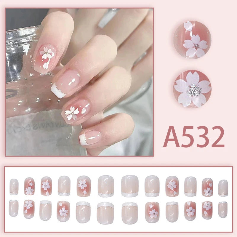 24Ps/Set Kids Fun Cute Wearing False Nails Fresh Bright Removable Press On Nail Tips Full Cover French Acrylic Fake Nails Peaceful Pleasures Health and Wellness A1