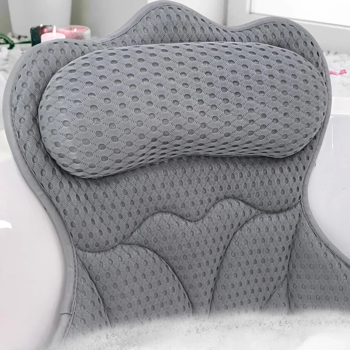 Luxury Bathtub Pillow – 6 Suction Cups, 4D Mesh Fabric, Grey Bath Accessories Peaceful Pleasures Health and Wellness United States