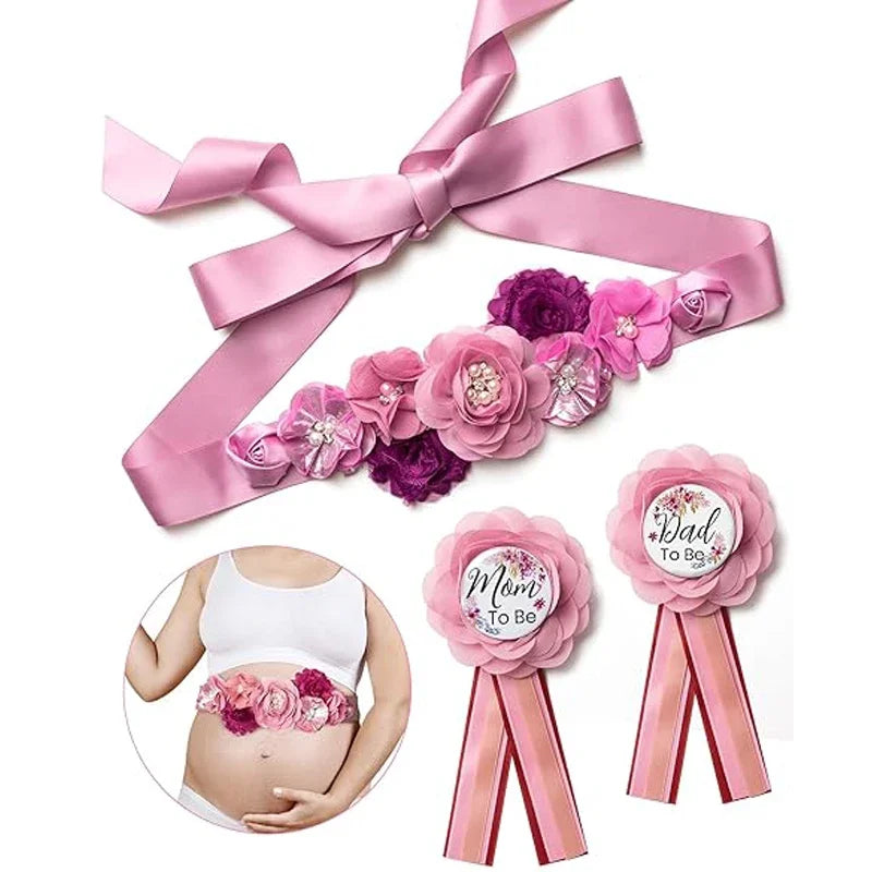 Flower Sash Set-Baby Shower Mom to Be Daddy to Be Corsage Pin- Belt for Maternity Dress Photo Props حزام Пояс Cinturón Ceinture Peaceful Pleasures Health and Wellness