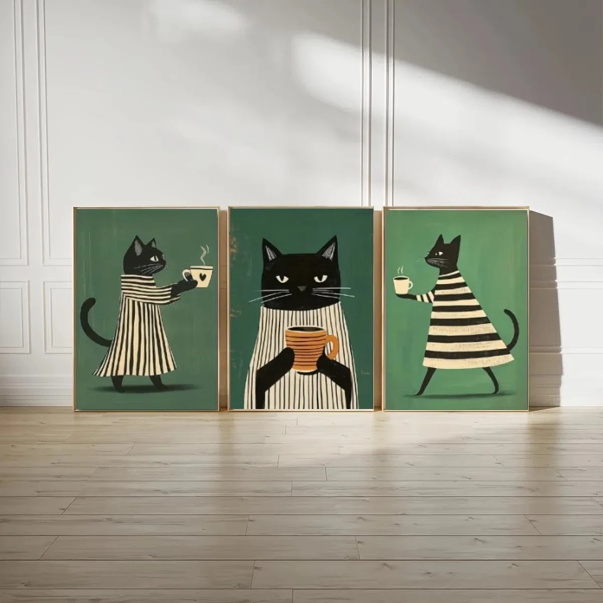 3-Piece Black Cat Coffee Canvas Wall Art | Minimalist Home Décor