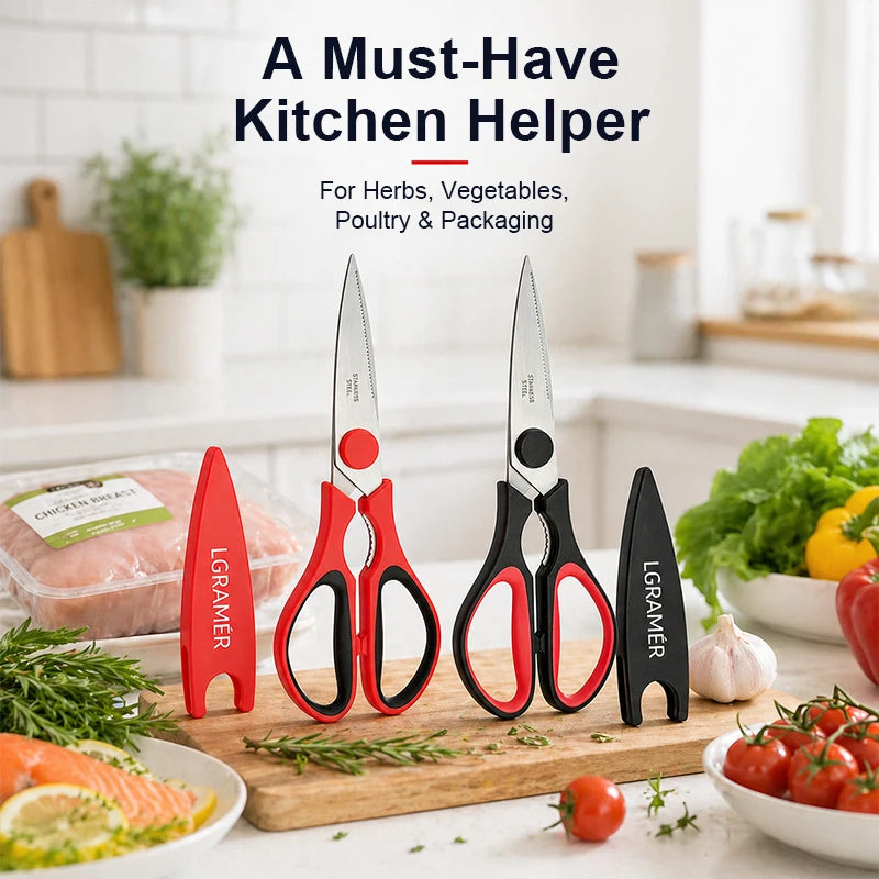 Red Stainless Steel Kitchen Scissors | Serrated Shears & Opener