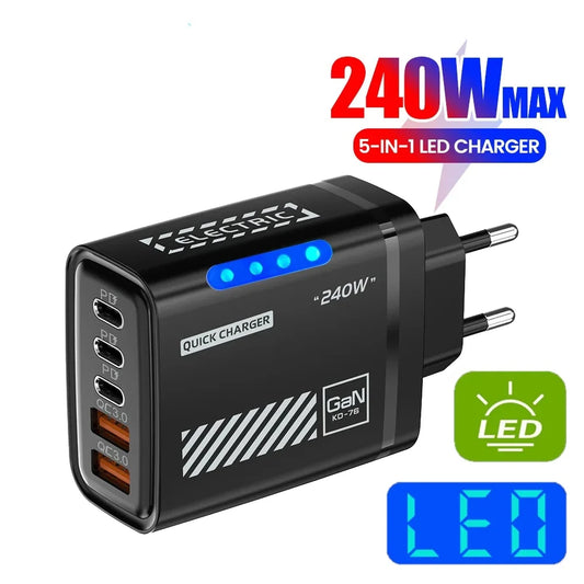 240W GaN 5-Port Fast Charger USB-C PD Desktop Adapter GaN Desktop Charger Peaceful Pleasures Health and Wellness