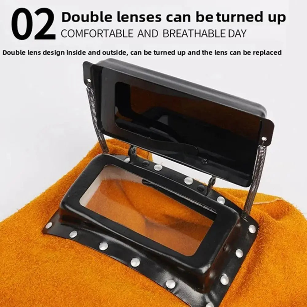 Leather Welding Helmet Flip-Open Lens | Heat Resistant Hood