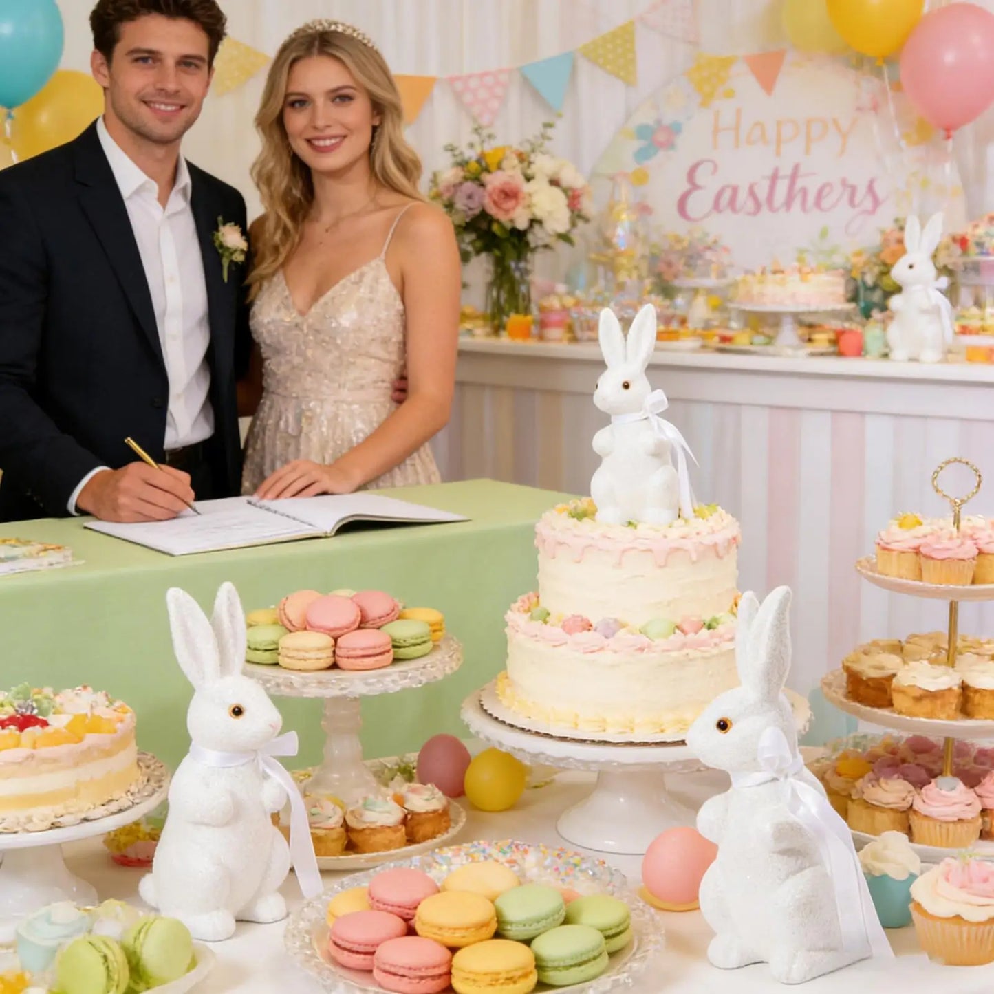 Easter Rabbit Garden Statue | Glitter Foam Bunny Figurine with Bow