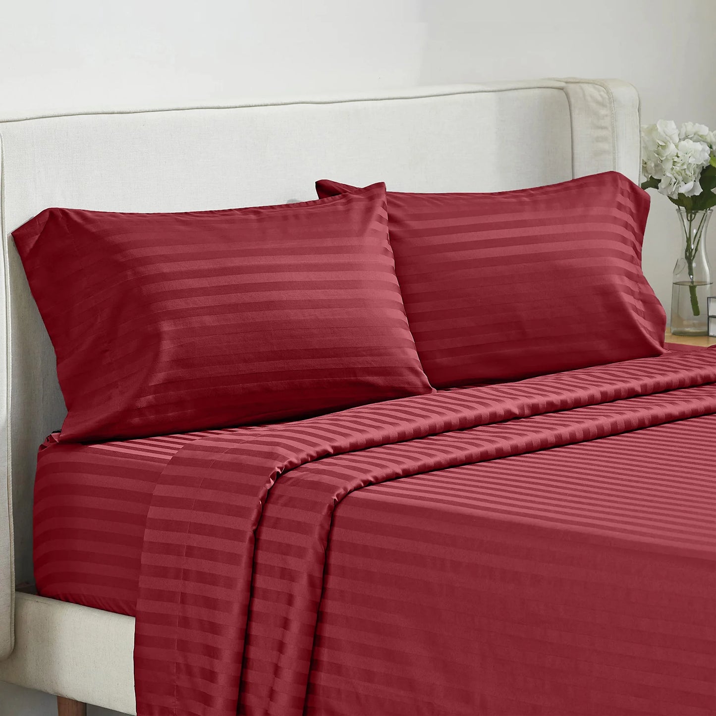 Battilo Bed Sheets 4 Pieces Set Luxury Fitted Flat Sheet with Pillowcases Solid Stripe Bedding Set For Twin Full Queen King Size Peaceful Pleasures Health and Wellness Burgundy Twin