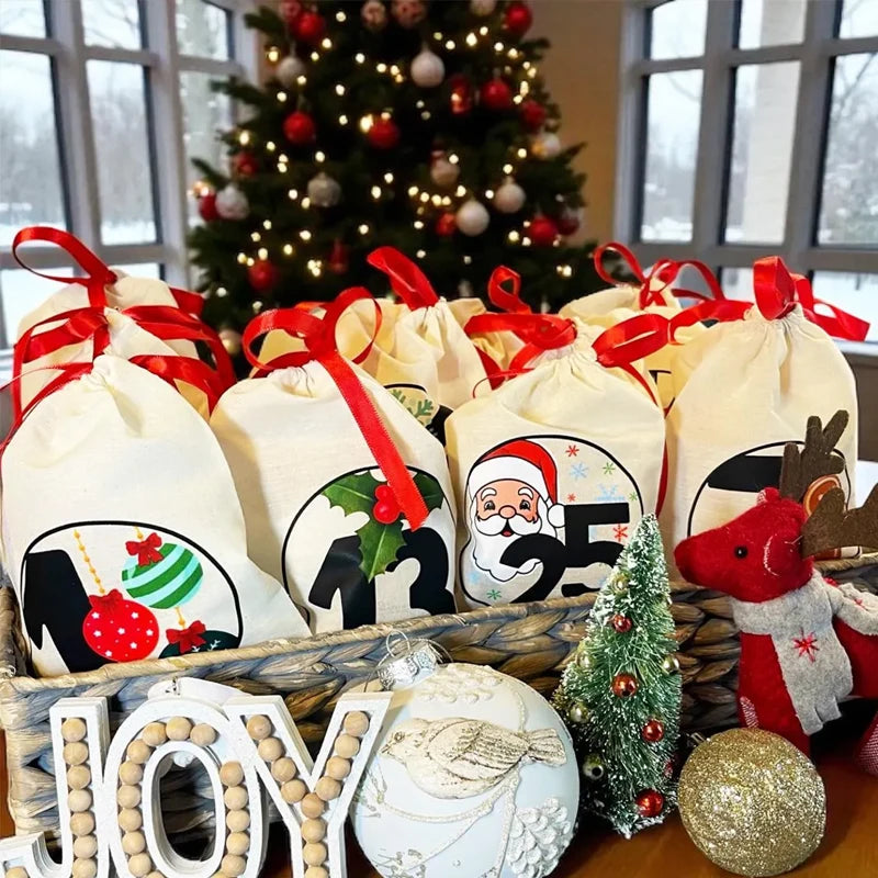 25-Piece Christmas Advent Drawstring Bags | Reusable Gift Pouches Advent Gift Bags Peaceful Pleasures Health and Wellness