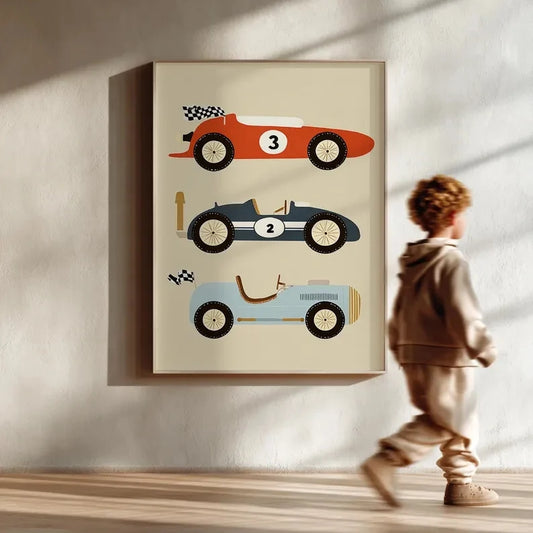 Cartoon Retro Racing Cars Canvas Wall Art | Kids Room Decor Canvas Wall Art Print Peaceful Pleasures Health and Wellness G5245 21x30cm Wood Framed