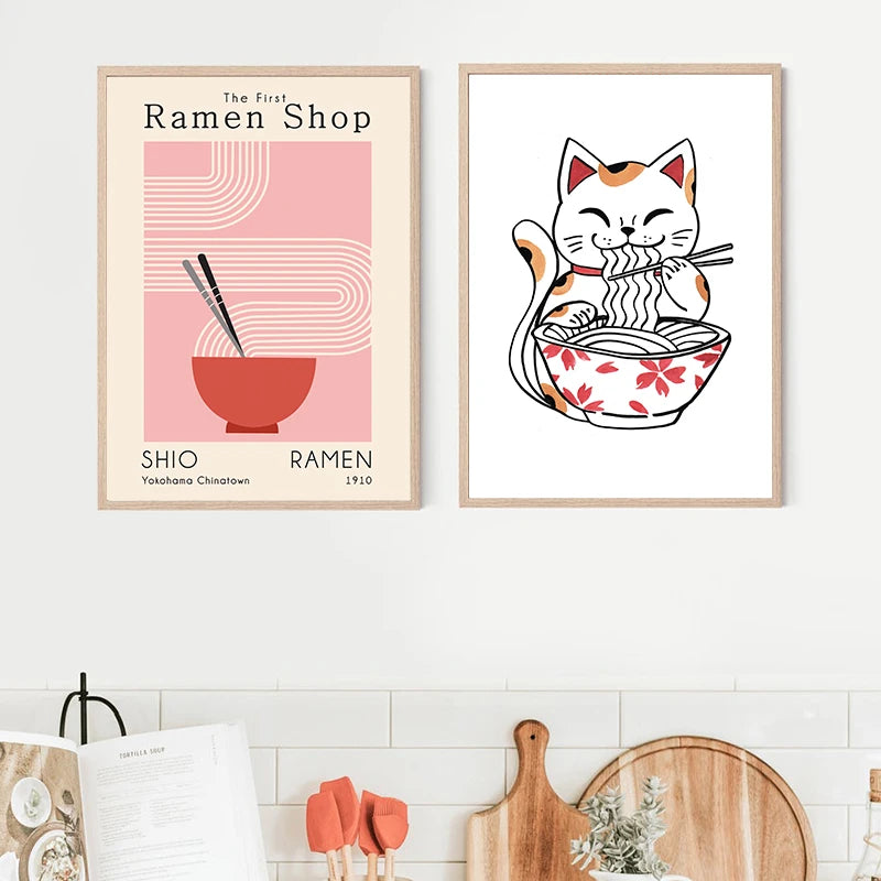 Art Print Watercolor Sushi Poster Kitchen Wall Canvas Painting Japan Restaurant Decor Japanese Ramen Noodles Cat Illustrated Peaceful Pleasures Health and Wellness
