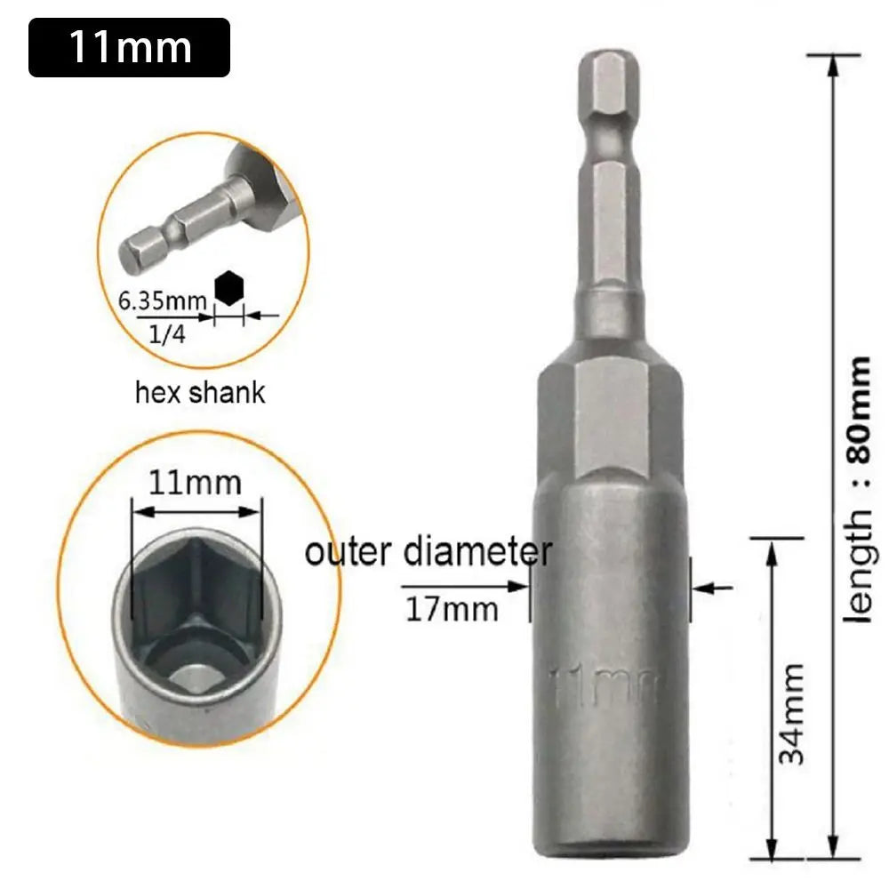 Magnetic Hex Nut Driver Bit Adapter 1/4" Shank 5.5–19mm 80mm