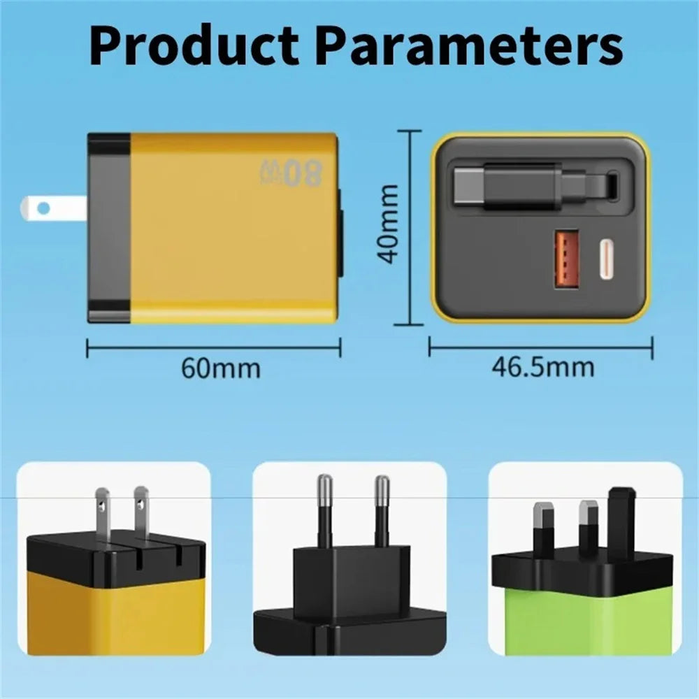 80W Fast Charger | Retractable USB-C Cable, 3-Port Wall Charger