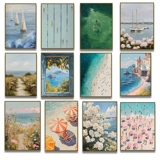 Coastal Sailboats & Hydrangeas Canvas Wall Art | Beach Print Canvas Wall Art Peaceful Pleasures Health and Wellness