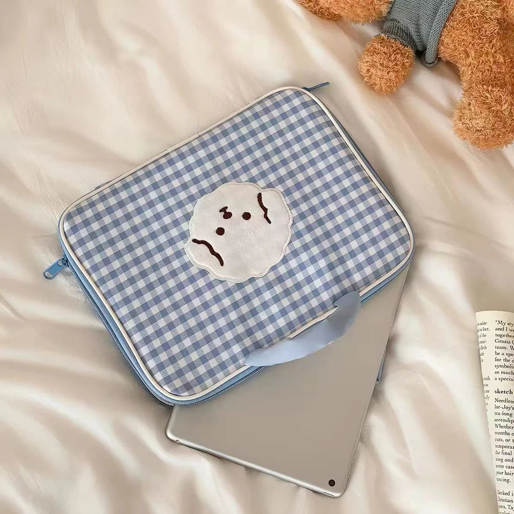 Little Bear Blue Checkerboard 13 Computer Bag Korean Cute Cartoon