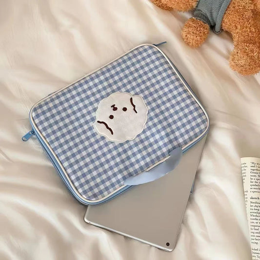 Little Bear Blue Checkerboard 13 Computer Bag Korean Cute Cartoon Peaceful Pleasures Health and Wellness