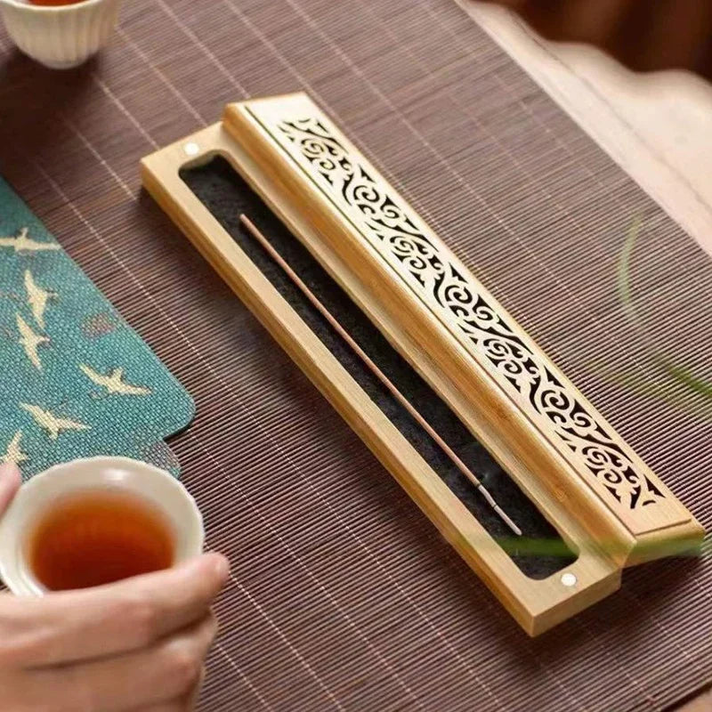 1pc Natural Bamboo Incense Burner with Laying Plate - Aromatherapy Wooden Box for Incense Storage and Burning Peaceful Pleasures Health and Wellness