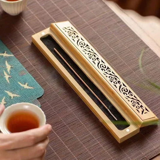 1pc Natural Bamboo Incense Burner with Laying Plate - Aromatherapy Wooden Box for Incense Storage and Burning Peaceful Pleasures Health and Wellness