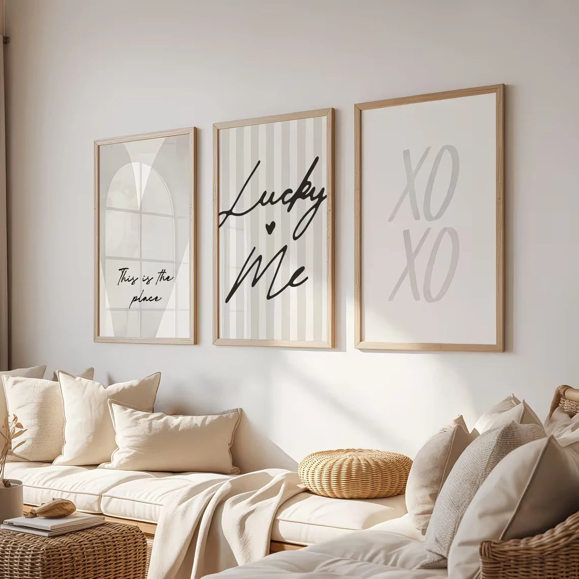 3-Piece Beige Pinstripe Neutral Canvas Wall Art Set | Home Decor