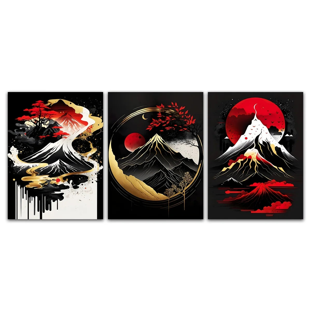Landscape Canvas Painting Black And Red Posters Vintage Ink Art Wall Prints For Living Room Home 3pcs Frameless Japanese Natural Peaceful Pleasures Health and Wellness T80232-93 20x30cm Unframed