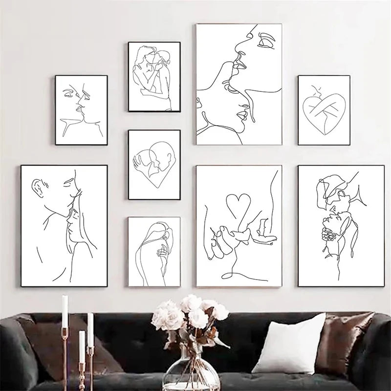 Black And White Line Drawing Couple Kiss Canvas Prints Heart Art Painting Hand In Hand Poster Minimalist Pictures Home Decor Peaceful Pleasures Health and Wellness