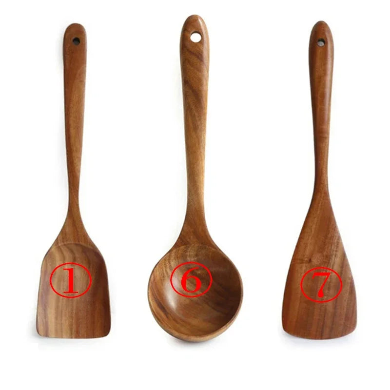 7pcs/set Teak Natural Wood Tableware Spoon Ladle Turner Rice Colander Soup Skimmer Cooking Spoon Scoop Kitchen Reusable Tool Kit Peaceful Pleasures Health and Wellness 3PC 167