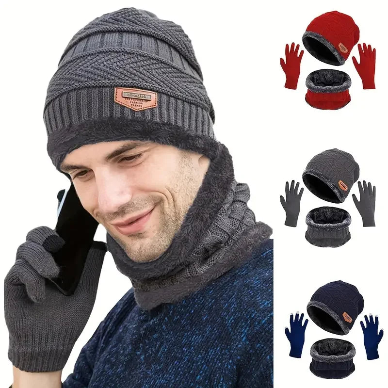 1Set Warm & Soft Winter Fleece-lined Knitted Hat, Scarves And Touch Screen Gloves 3-Piece Set ,Perfect Ear & Neck Warmer Peaceful Pleasures Health and Wellness