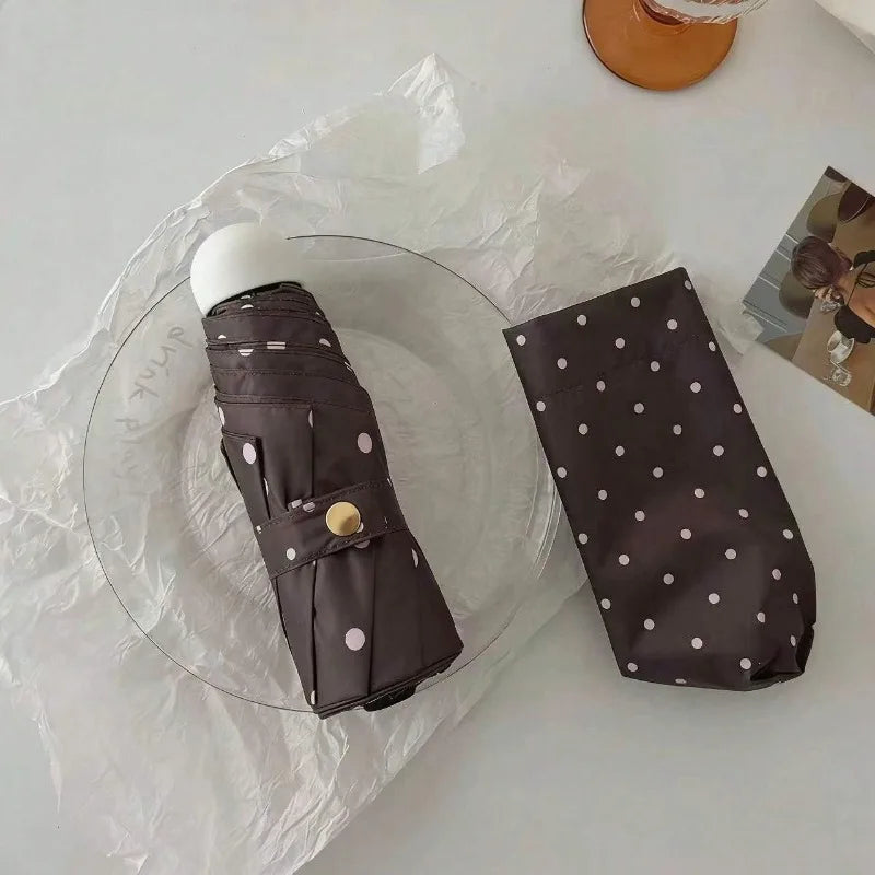 Polka Dot Pattern Portable Folding Umbrella Dual Use Rain and Sun Capsule Parasol Black Glue Sunshade Umbrella Peaceful Pleasures Health and Wellness