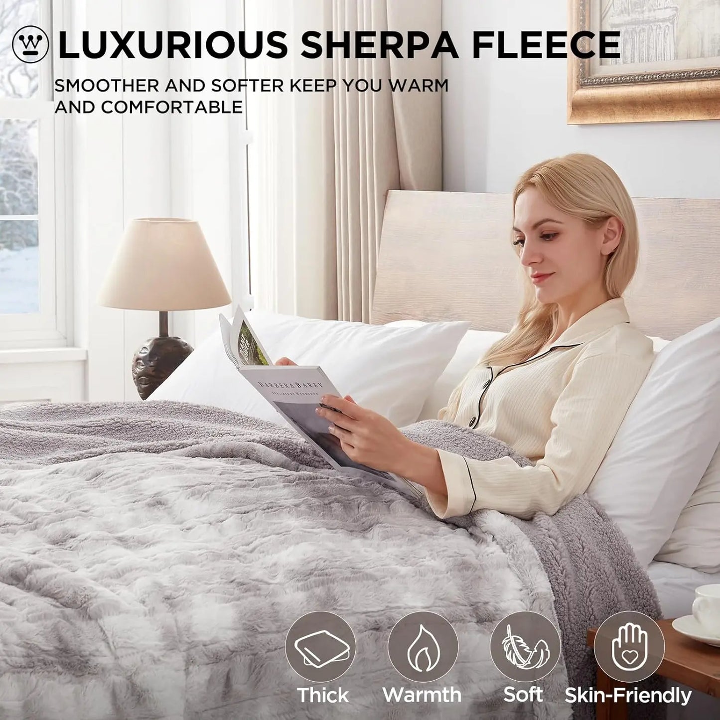 Twin Size Heated Blanket – 10 Heat Levels, Faux Fur & Sherpa, Auto Shutoff, Light Grey (62x84") Electric Blanket Peaceful Pleasures Health and Wellness