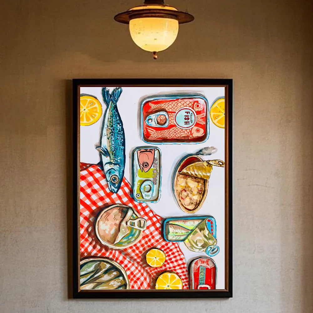 Colorful Sardines & Lobsters Canvas Wall Art | Ocean Fish Print