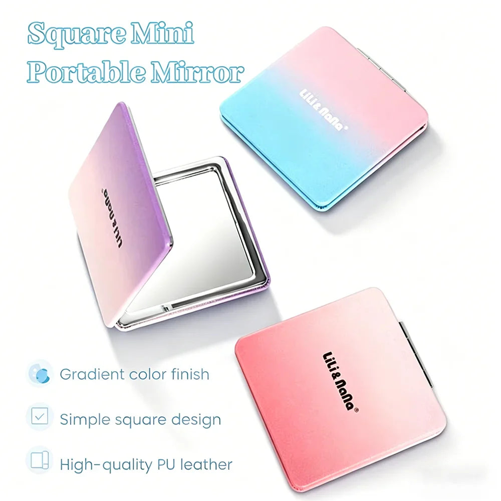 Square Folding Pocket Mirror – Gradient PU Leather, Dual-Sided