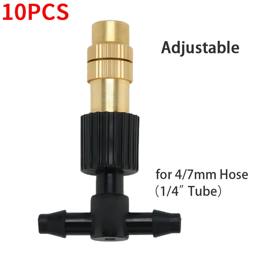 10-100PCS Adjustable Brass Spray Nozzles with 4/7mm Hose Misting Watering Sprinkler 1/4” Tee Joint for Garden Greenhouse Lawn Peaceful Pleasures Health and Wellness 10PCS