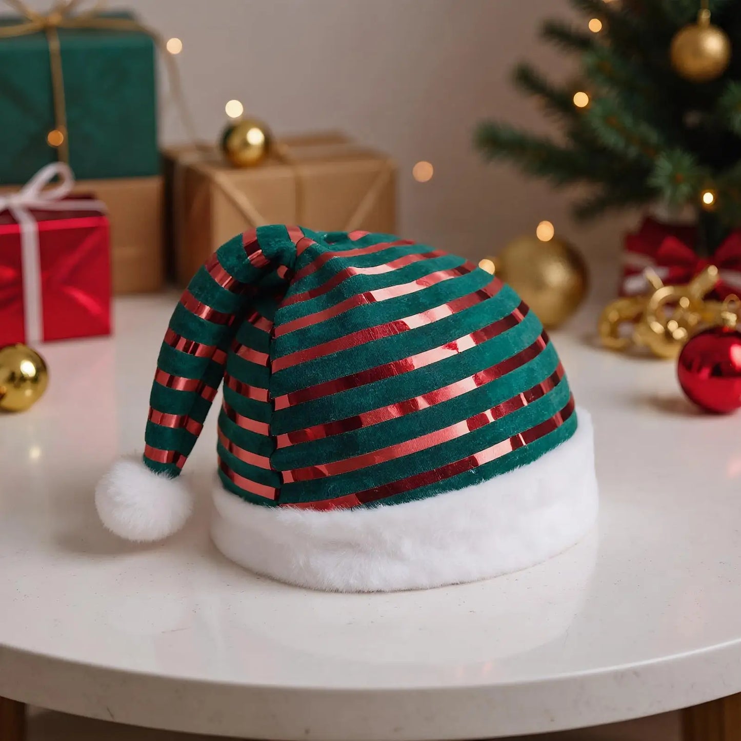 Striped Velvet Santa Hat | Unisex Christmas Hat for Adults & Kids