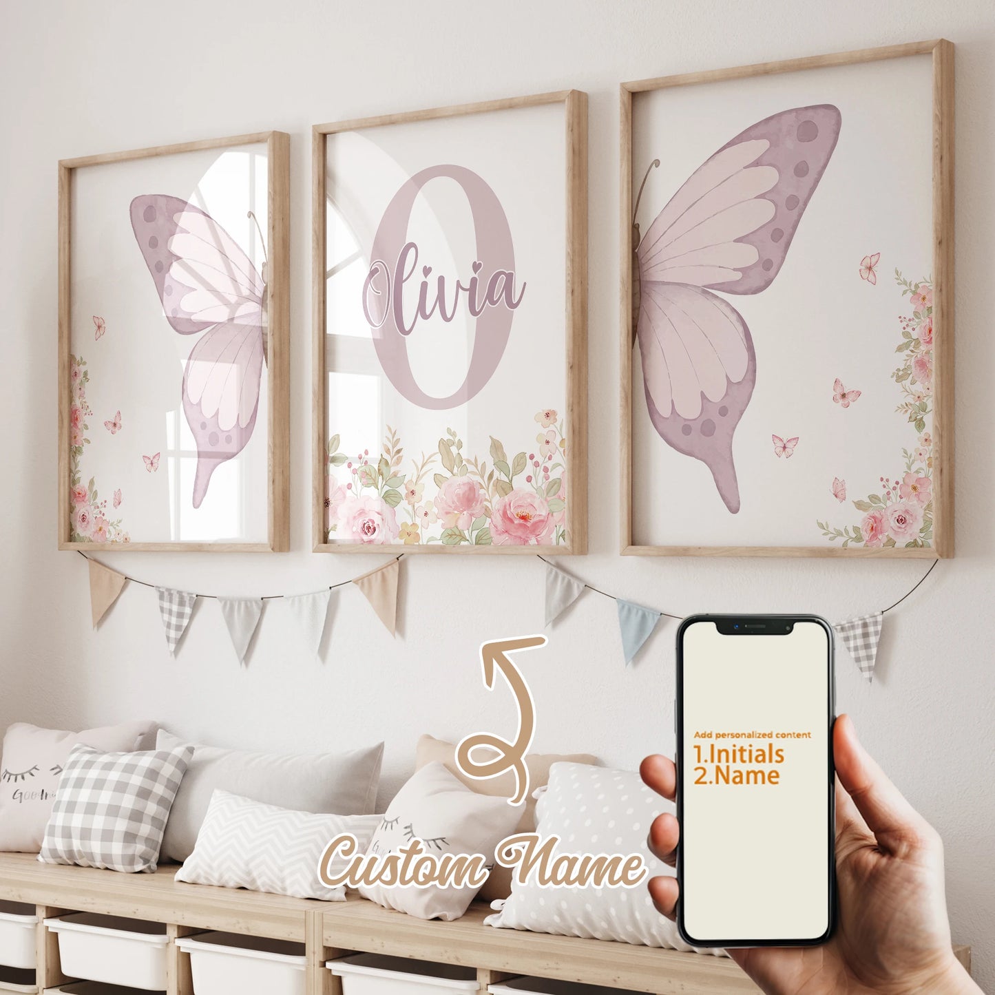 3-Piece Personalized Butterfly Flower Canvas Wall Art Set