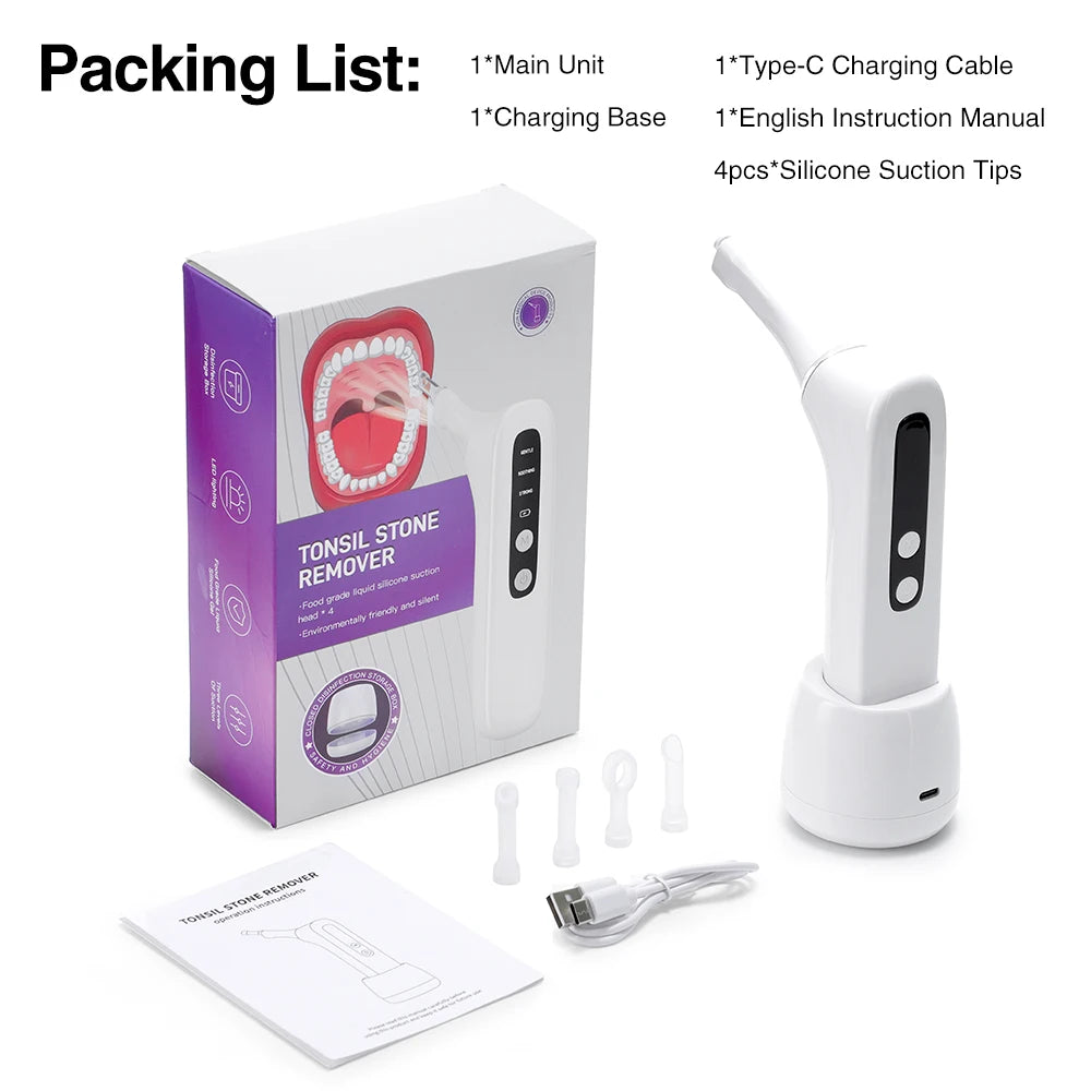 Tonsil Stone Remover Tool Electric Vacuum Tonsil Stone Removal Kit LED Light & 3-Level Suction Tonsil Cleaner Anti Bad Breath Peaceful Pleasures Health and Wellness WHITE