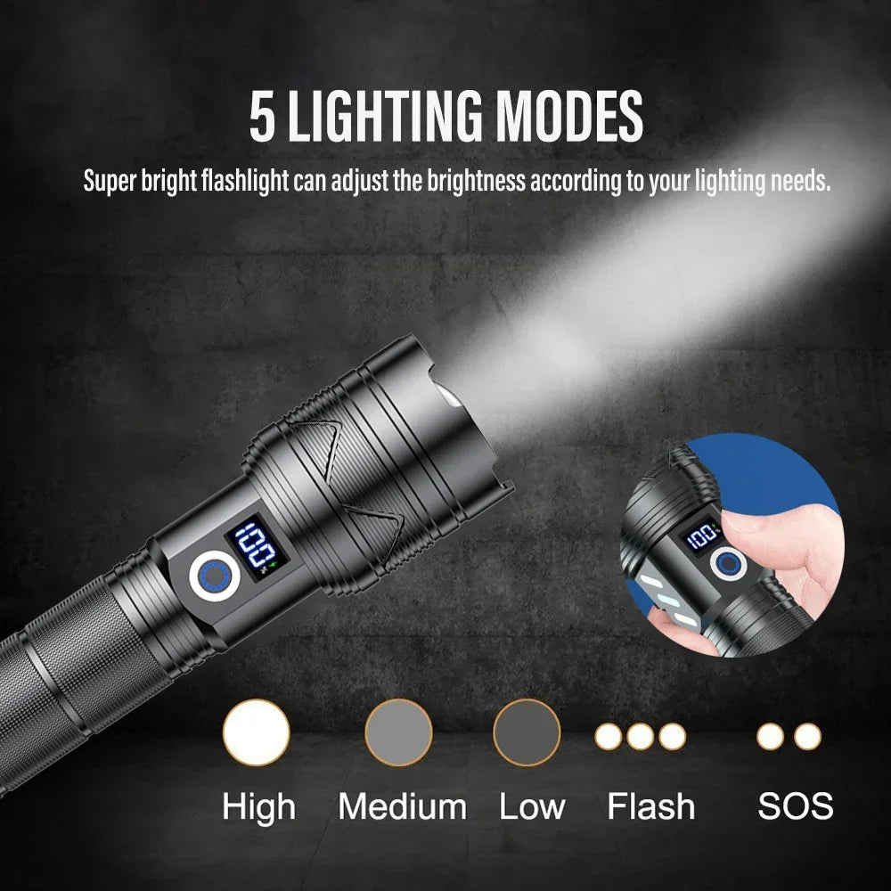 Super Bright LED Flashlight | Zoom, USB-C, Power Bank, Display