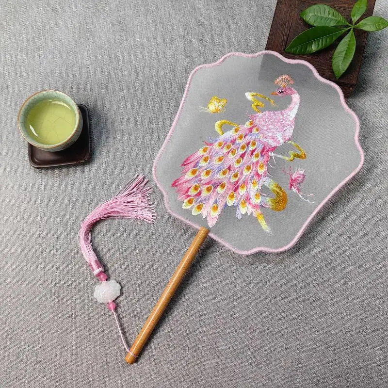 Su Embroidery Silk Round Hand Fan – Wooden Handle & Tassel