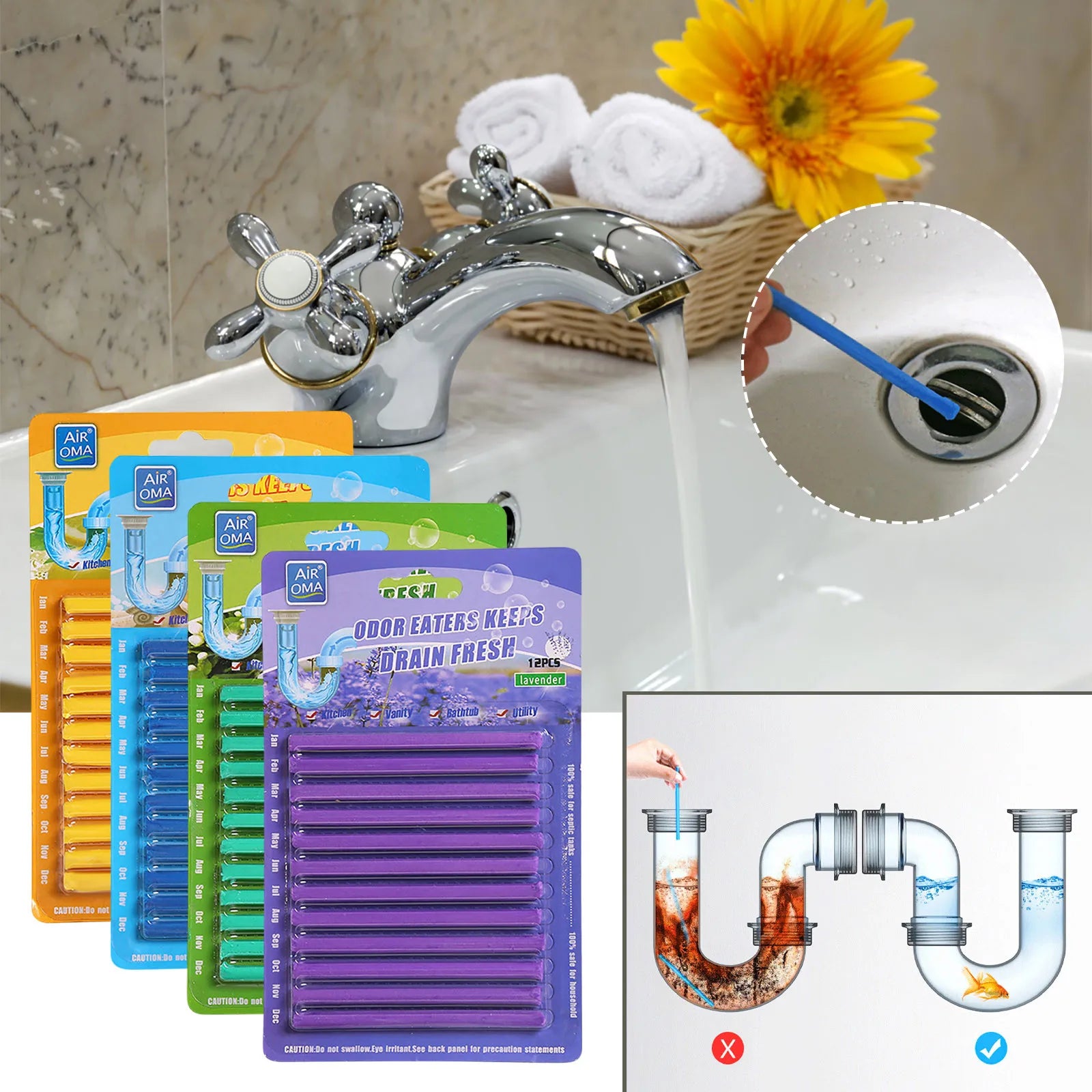 12Pc Solid Sani Sticks Oil Decontamination Kitchen Toilet Bathtub Cleaner Sewer Pipe Odor Clog Cleaning Rod Cleaning Tools Peaceful Pleasures Health and Wellness