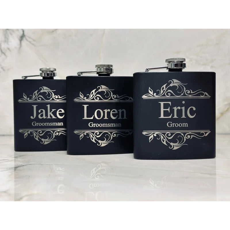 Personalized Engraved Black Flask | Groomsman Wedding Gift Engraved Flask Gift Peaceful Pleasures Health and Wellness