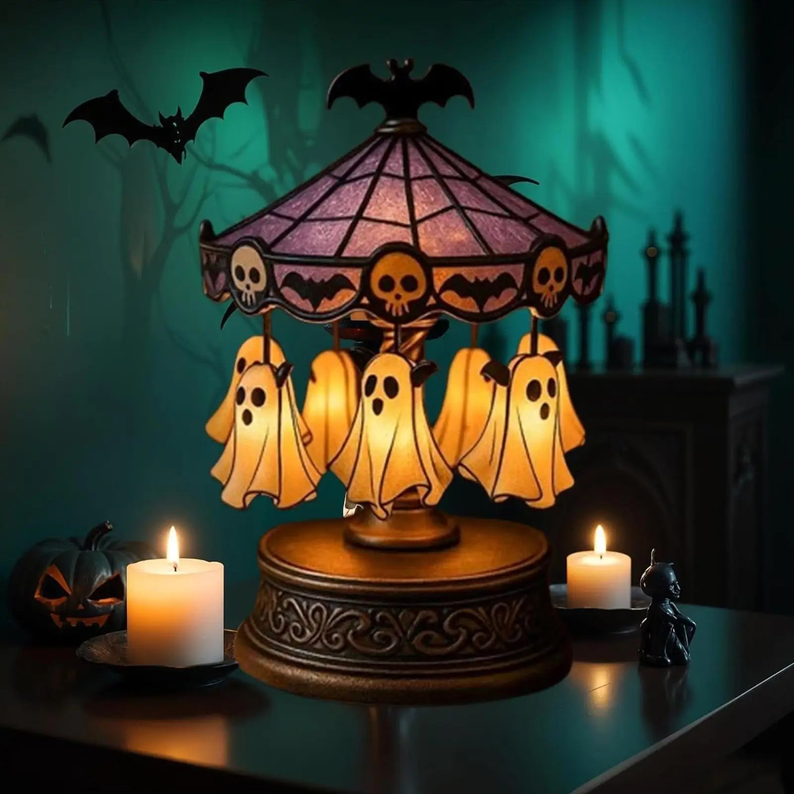 Light Up Ghost Carousel Lamp, Spooky Halloween Floating Decor for Home Kitchen Bedroom, Indoor Table Centerpiece for Parties Peaceful Pleasures Health and Wellness