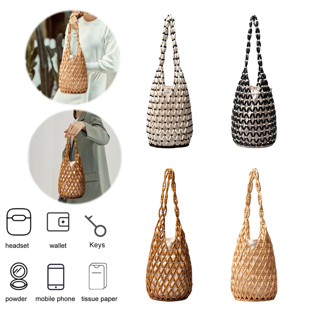 Handmade Wooden Bead Woven Bucket Bag for Women Peaceful Pleasures Health and Wellness