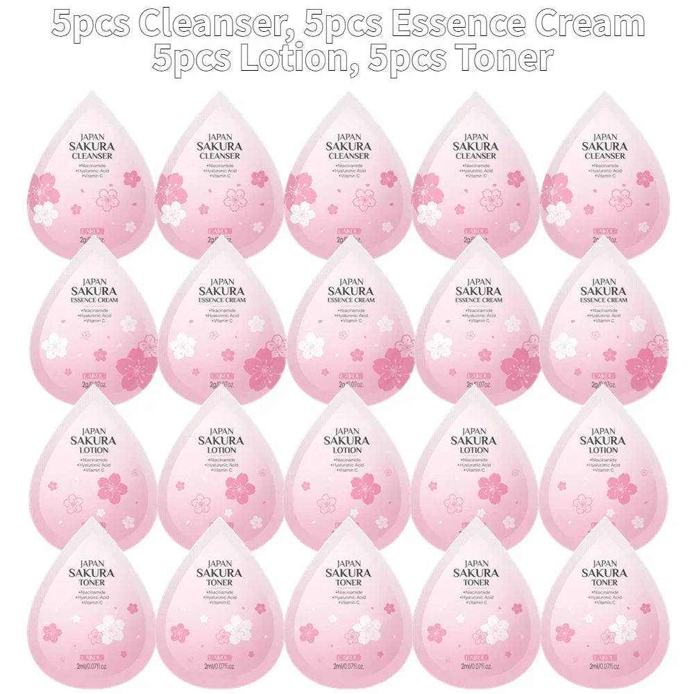 Japan Sakura 4pcs Travel Size Skin Care Kit, Brightening Moisturizing Anti-Oxidation, Portable Complete Facial Care For Women Peaceful Pleasures Health and Wellness Each 5pcs