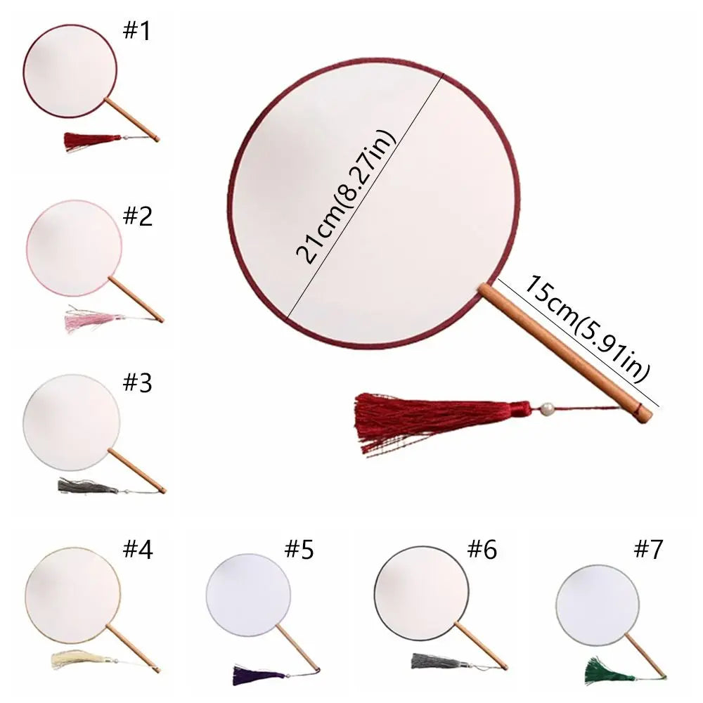 Blank Round Hand Fan – Vintage Wooden Silk DIY Art Fan with Tassel