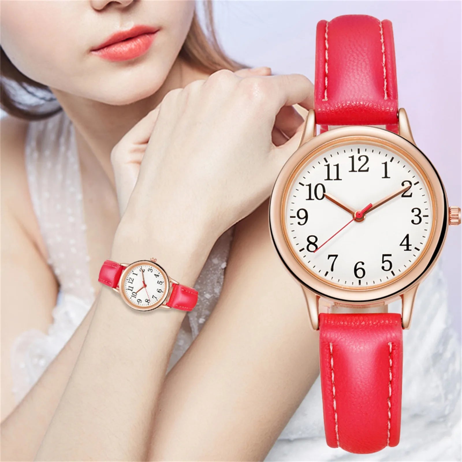 Japan Movement Women Quartz Fine Watch Easy To Read Arabic Numerals Simple-Dial Peaceful Pleasures Health and Wellness Red